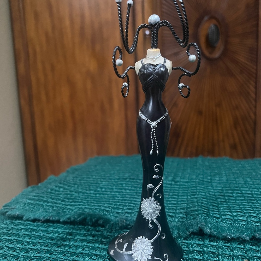 Black Dress Jewelry Organizer Stand with Silver Accents